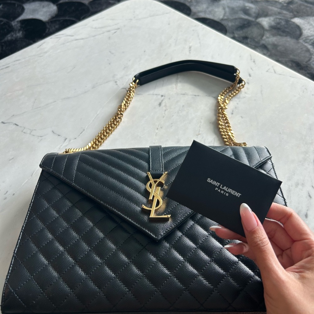 Grain De Poudre Mixed Matelasse Large Triquilt YSL Monogram Satchel Black w box